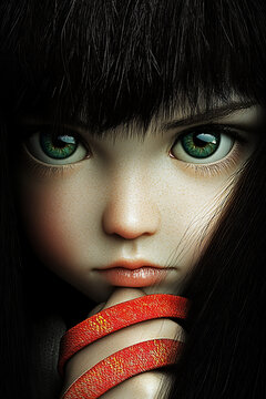 Doll-girl with intense gaze, thoughtful mood, facing forward, on dark background