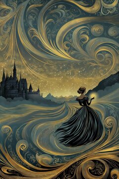 Medieval lady against swirling backdrop, whimsical mood, profile view with copy space for style
