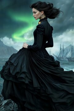 Lady in flowing black dress, dramatic mood, profile view on rocky shore, with copy space for style