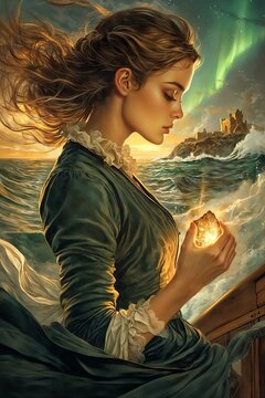 Girl holding magical stone, enchanting mood, profile view on a boat, with copy space for design