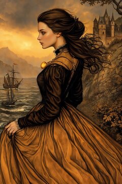 Noble lady in vintage dress, thoughtful mood, facing side in landscape, with copy space for book cover