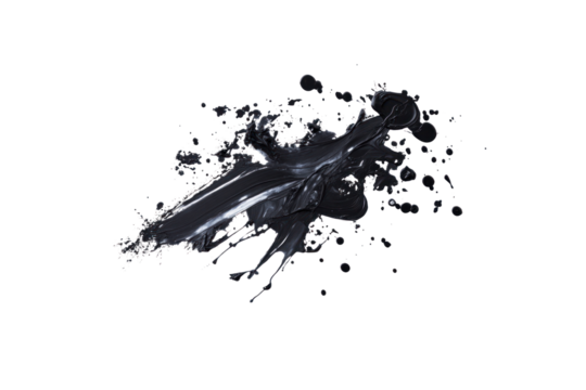 A series of bold, overlapping ink splatters scattered across a blank white space, with sharp edges and soft transitions between dark and light tones. 