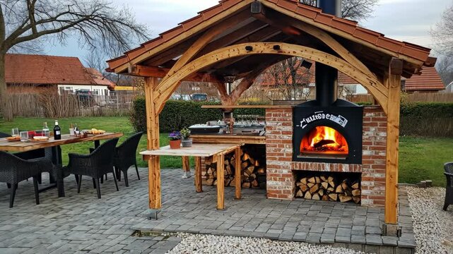 Outdoor kitchen area featuring a rustic oven and dining setup in a scenic backyard