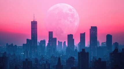 Fototapeta premium Stunning Cityscape at Dusk with Full Moon Over Urban Skyline