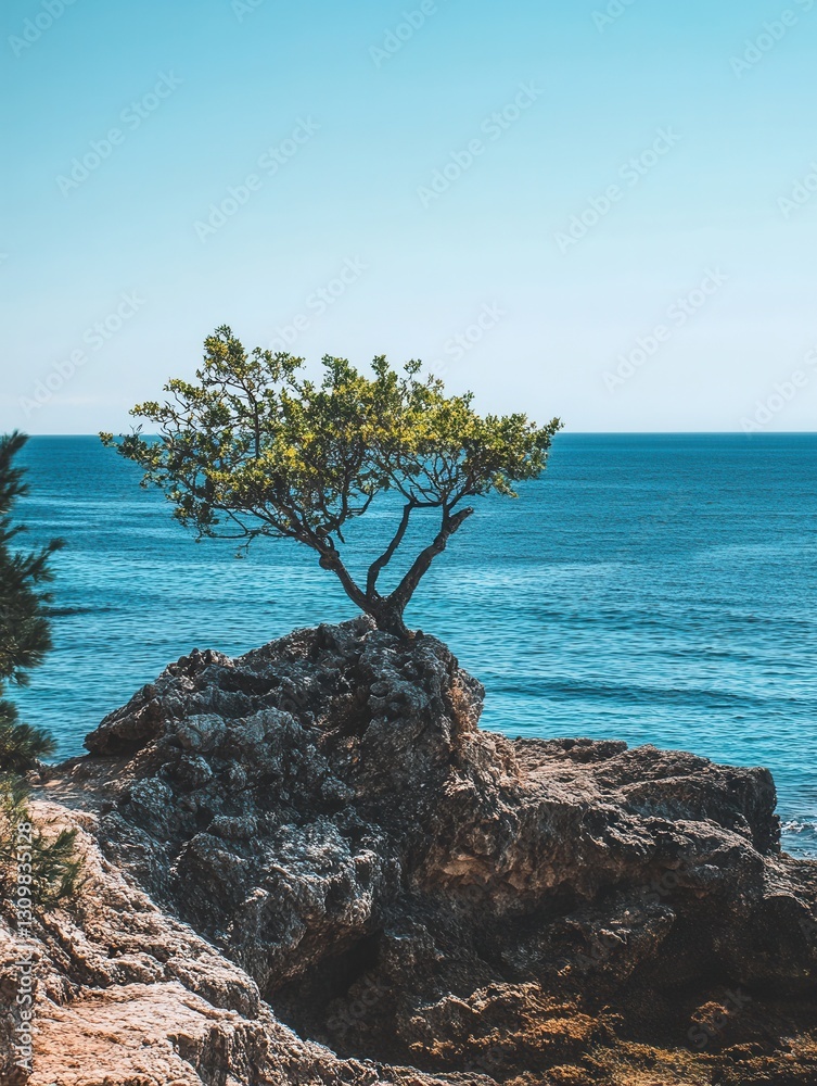 Poster lone tree standing tall on a rocky shore overlooking serene blue ocean water in bright daylight gene