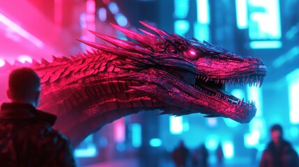 Futuristic Neon Dragon in Cyberpunk City Setting at Night