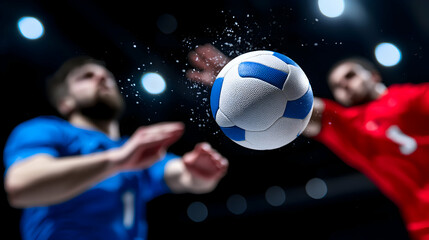 Intense Handball Match Action: Players in Blue and Red Jerseys Vie for the Ball