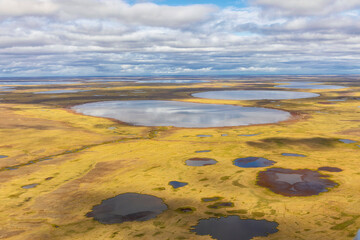 Aerial view of the tundra in the Lena River delta, Yakutia, Russia