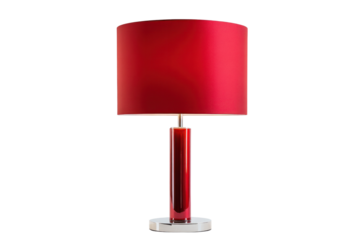 A sleek modern red table lamp with a cylindrical shade and a metallic base, casting soft light.