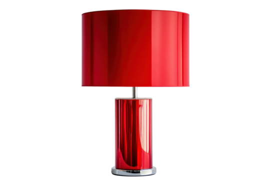 A sleek modern red table lamp with a cylindrical shade and a metallic base, casting soft light.