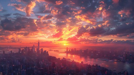 Breathtaking Cityscape Skyline at Vibrant Sunset over Serene River Landscape