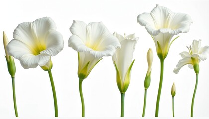 Set of datura flowers, bloom and buds isolated on transparent background. White flower petals showcase nature elegance and botanical purity. Green stem complements serene beauty of garden closeup.