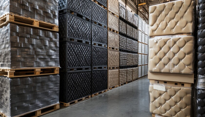 Rows of stacked plastic modular units create an organized storage system within a spacious warehouse. The contrasting colors of the units enhance visibility and accessibility