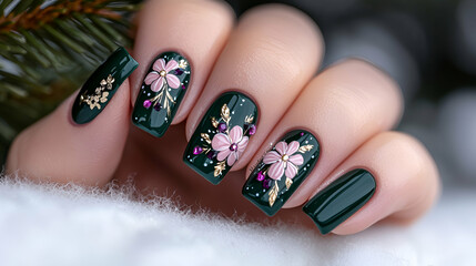 Closeup of Elegant Green Nails with Pink Floral and Gold Accents