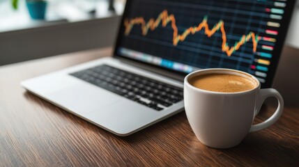 A laptop displaying stock market graphs next to a cup of coffee on a wooden desk, creating a productive workspace atmosphere.