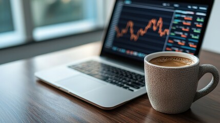 A laptop with financial charts sits next to a cozy coffee cup, illustrating a blend of technology and comfort in a workspace.