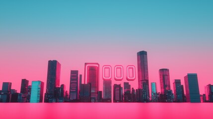 Obraz premium Futuristic city skyline with neon lights against colorful background