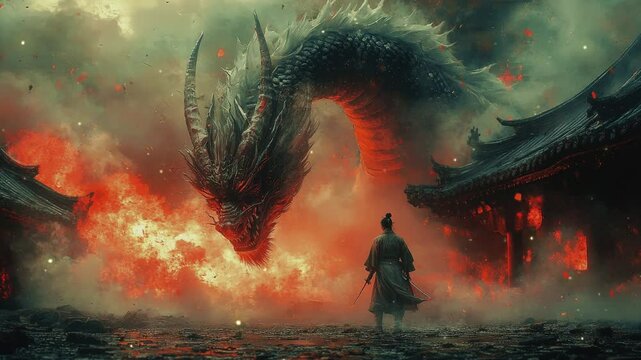 Samurai robot skillfully evades the powerful breath of a mighty magical dragon in an ancient fiery battleground