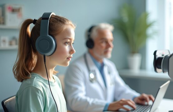 Teenage girl getting auditory test at hearing clinic. Audiologist impedance audiometry diagnoses hearing impairment with modern tech. Healthcare, medicine concept. Doctor types on laptop, examines
