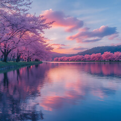 Obraz premium vivid reflective cherry blossom lake