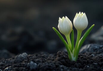 Obraz premium Delicate White Tulips Emerging from Rich Black Soil with Green Leaves in Soft Natural Light, Capturing the Beauty of Nature's Renewal and Fresh Beginnings