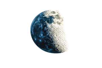 A surreal, oversized moon illuminating a cloudless night sky, its surface texture in high detail, with shadows and light casting dramatic patterns.
