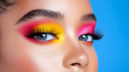 Fototapeta premium Closeup of Woman's Face with Bright Pink and Yellow Eye Makeup