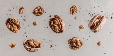 Obraz premium Floating walnuts with textured brown shells on a light gray background