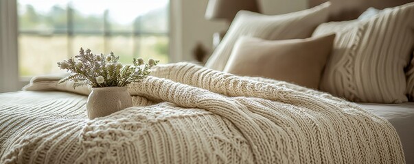 Cosy knit up in a soft white blanket with honed colours, summing warmth and texture to your space, perfect for home decor.