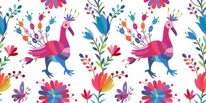 Colorful Mexican Traditional Textile Embroidery Style.