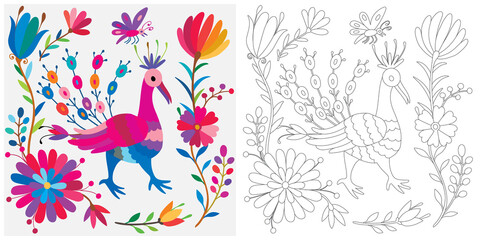 Colorful Mexican Traditional Textile Embroidery Style.