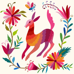 Folk Otomi style graphic, wallpaper. Ornate ethnic Mexican embroidery Otomi.