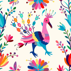 Seamless Mexican Otomi Style Bright Pattern with Peacocks