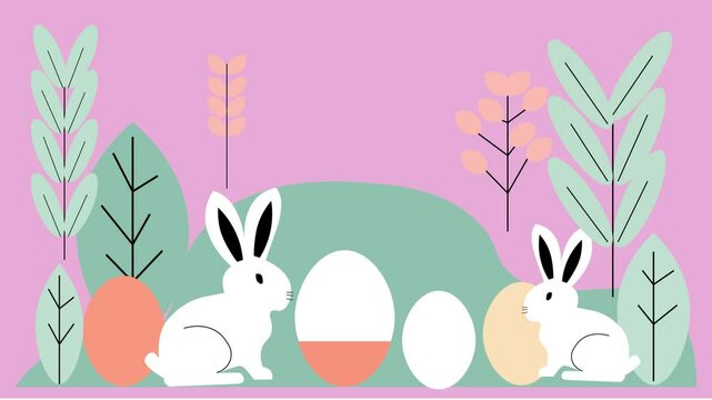 Animated Happy Easter Illustration with Bunnies, Eggs, and Spring Leaves &ndash; Minimalist Design