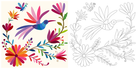 Folk Otomi style graphic, wallpaper. Ornate ethnic Mexican embroidery Otomi.