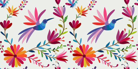 Seamless pattern with birds and flowers on white background. Ornate ethnic Mexican embroidery Otomi.