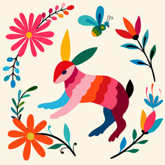 Colorful Mexican Traditional Textile Embroidery Style.