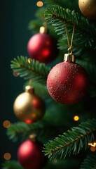 Sparkling ornaments on a Christmas tree branch, ornaments, fir