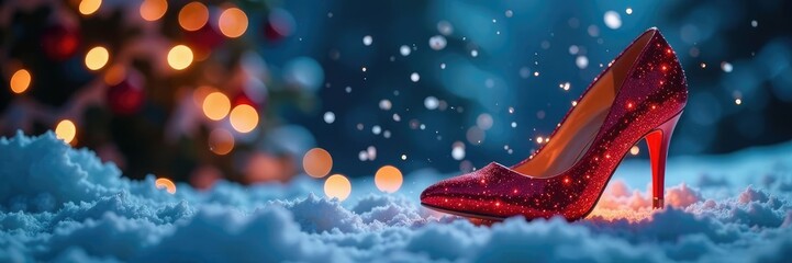 Sparkling red shoe on a snowy night with twinkling lights, festive shoes, snowflakes, holiday season