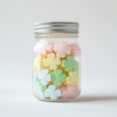Clear jar filled with pastel-colored, flower-shaped candies against a white background, creating a cheerful and inviting atmosphere.