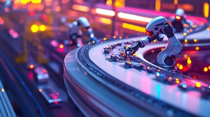 : Robotic workers installing micro-sensors onto a curved surface in a high-tech factory with vibrant lighting .