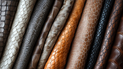 Exotic Animal Skin Textures. A collection of natural animal skin textures featuring a variety of reptile patterns and colors, ideal for backgrounds or design elements.