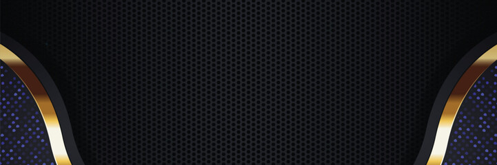 Gold, black, blue abstract design; perforated background; website banner