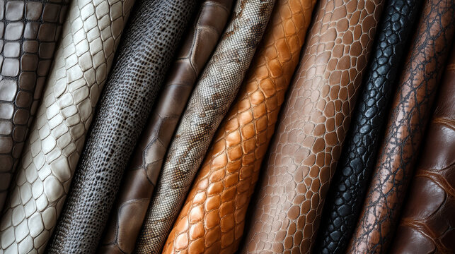 Exotic Animal Skin Textures. A collection of natural animal skin textures featuring a variety of reptile patterns and colors, ideal for backgrounds or design elements.