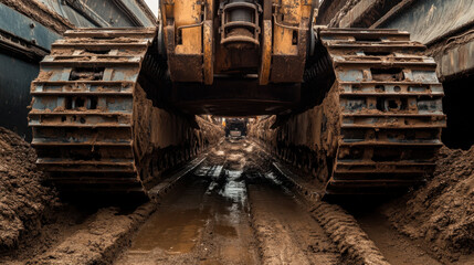 Fototapeta premium Heavy machinery is shown with its undercarriage visible while working on a muddy construction site. The scene features tracks in the mud and nearby equipment, illustrating the rugged environment