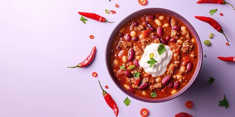 Flying bowl of chili with beans and sour cream, surrounded by floating chili peppers, on a pastel violet background