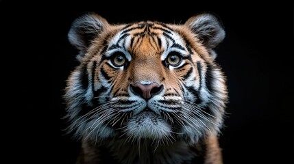 Fototapeta premium Close-up portrait of a majestic tiger against a black background.