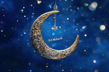 Naklejka premium A stunning eid mubarak greeting card with a deep blue night sky and golden ornate crescent moon for a luxurious and festive celebration