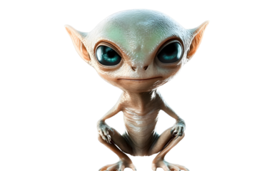 Small alien with a subtle grin, full body stance, isolated on a transparent background, digital render, ultra clear, with an emphasis on soft lighting, creating a gentle ambiance, perfect for overlay
