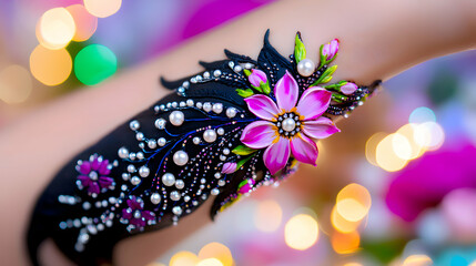 Elegant Black and Pink Floral Mehndi Design with Pearls